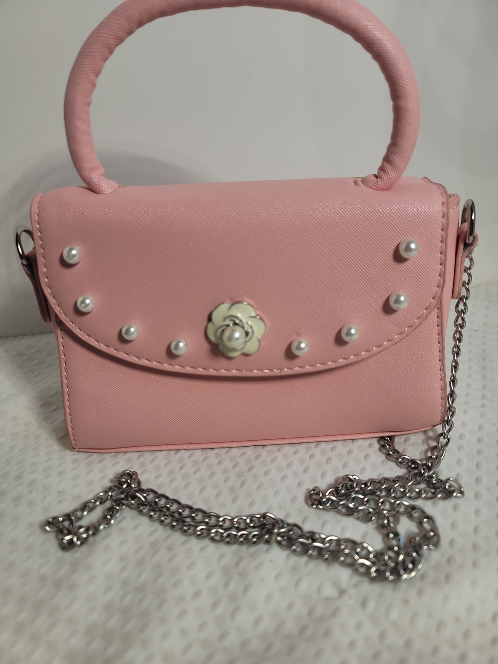 Pink Pearl-Accent Top-Handle Crossbody Bag